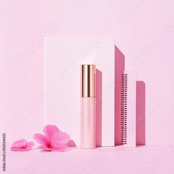Fototapeta Trendy Flat Lay of Pastel Accessories with Floral Accents on Soft Pink Background