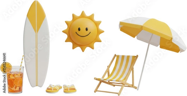Obraz Bright summer beach essentials including surfboard sun drink deck chair umbrella and flip flops isolate
