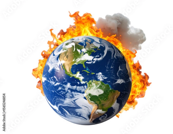 Obraz  Burning Earth Globe with Flames and Smoke, Isolated on Transparent Background  PNG