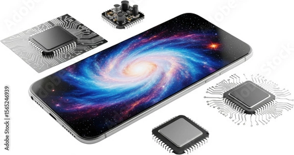 Obraz Smartphone displaying a vibrant galaxy surrounded by electronic microchips and circuitry components isolate
