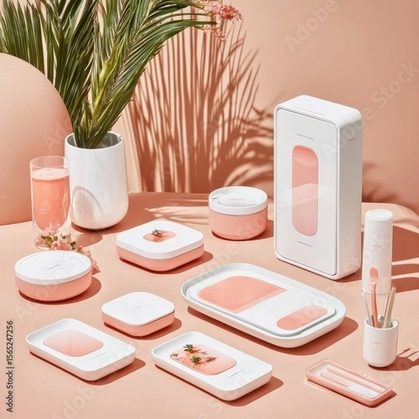 Fototapeta Compact Desk Setup with Peach Background and Modern Office Accessories