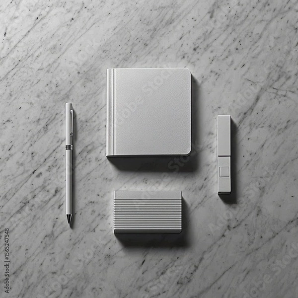 Fototapeta Minimalist Flat Lay of White Notebook and Pen on Elegant White Marble Surface