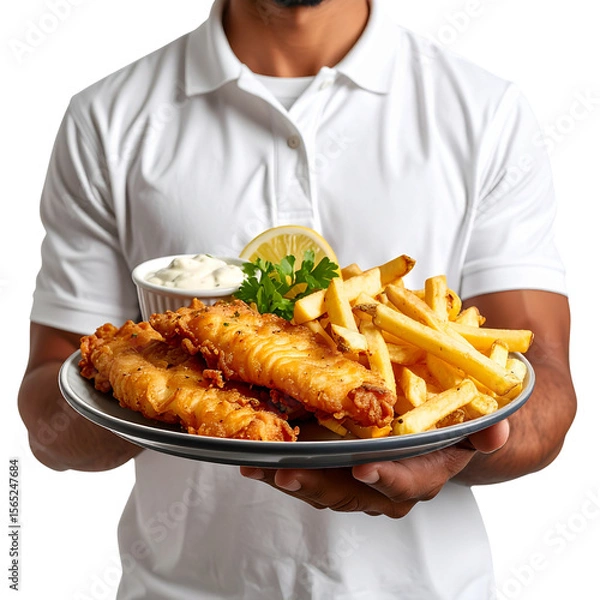 Fototapeta Man Holding Fish and Chips Plate with One Hand, Angled Pose and Visible Elbow, isolated on transparent background PNG