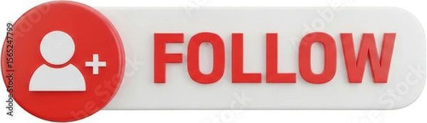 Obraz Red social media follow button with person icon and plus sign isolate white
