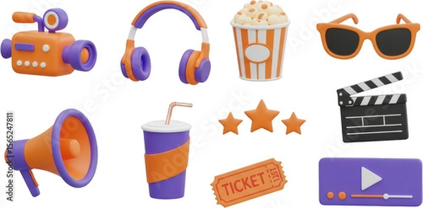 Obraz Orange and purple 3D movie icons camera headphones popcorn sunglasses megaphone drink stars ticket and player transparent background