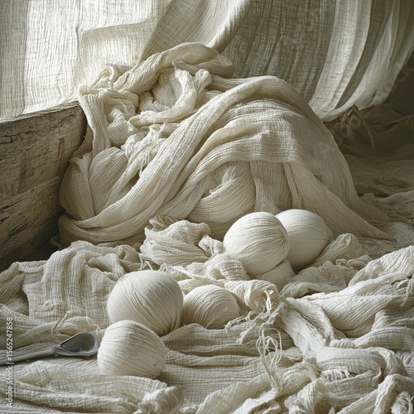 Fototapeta Soft Beige Linen Texture with Yarn and Fabric Draped in Pastel Tones