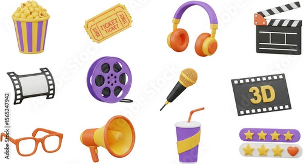 Obraz Cinema icons include popcorn tickets headphones clapperboard film reel microphone 3D film strip and rating stars transparent background