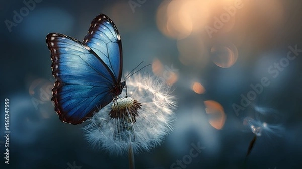 Fototapeta Blue morpho butterfly and dandelion. Seeds of a dandelion flower on a background of sunrise.