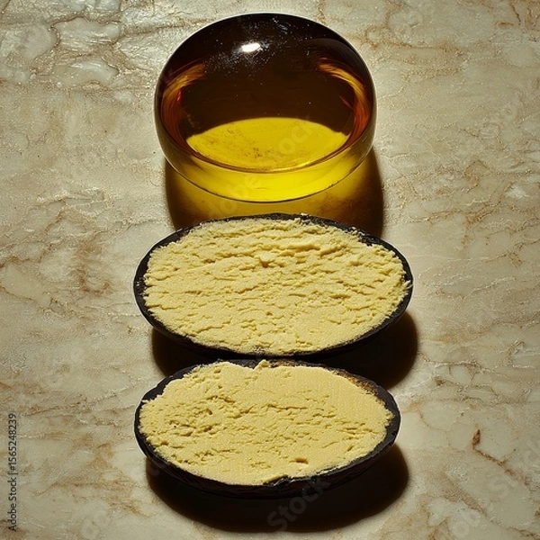 Fototapeta Yellow Creamy Substance in Black Bowl on Beige Surface with Round Glass Object