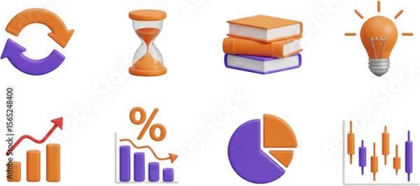 Obraz Collection of 3D business and finance icons including charts hourglass books and lightbulb transparent background