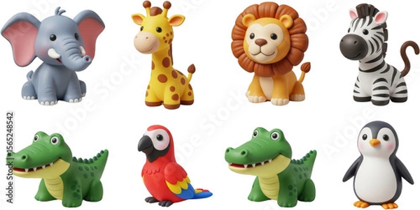 Obraz Cute cartoon safari animals including elephant giraffe lion zebra parrot alligator and penguin transparent background
