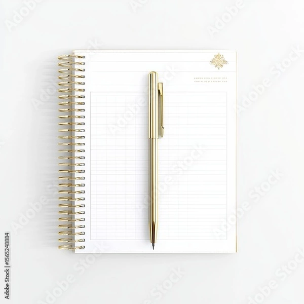 Fototapeta Minimalist Workspace with Cream Notebook and Gold Pen on White Background