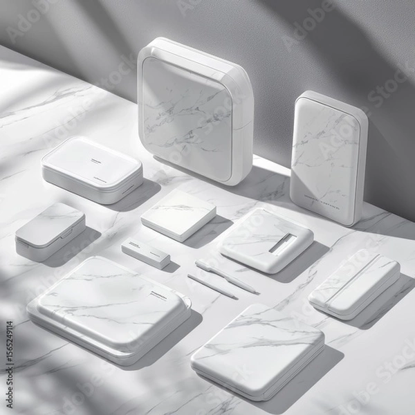 Fototapeta Neatly Arranged White Marble Accessories on Flat Surface with Soft Shadow Play