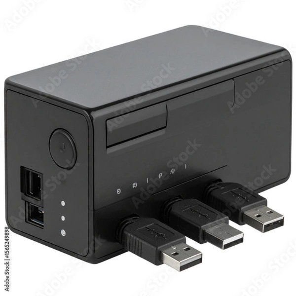 Fototapeta Angled View of Black USB Hub with Attached Cables, Isolated on Transparent Background PNG