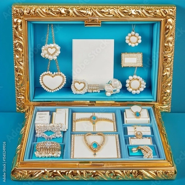Fototapeta Elegant Jewelry Display in Ornate Frame with Seafoam Background and Neat Organization