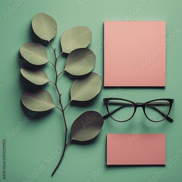 Fototapeta Neat Organization with Seafoam Background Featuring Greenery and Glasses