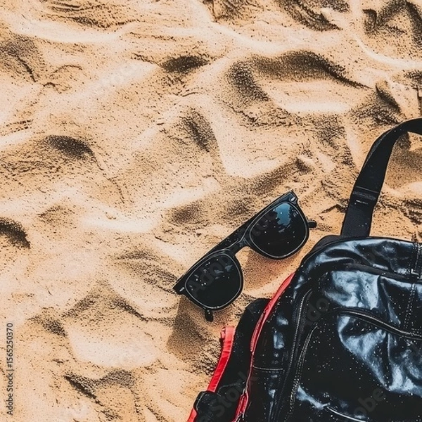 Fototapeta Smooth Sand Background with Sunglasses and Backpack in Ultra-Minimalist Style