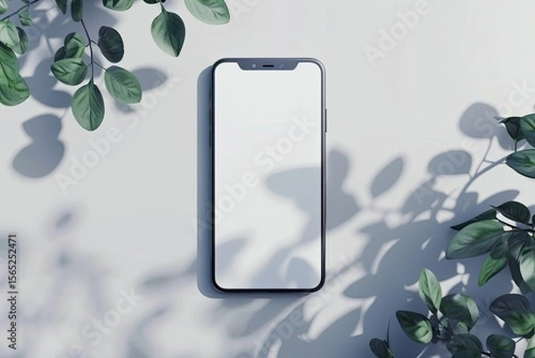 Fototapeta A Smartphone or Cell Phone on White Table Close Up Top Down View Mobile Phone Concept 3D Render