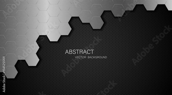 Fototapeta Metal background. Abstract silver polygons on dark steel mesh background. with free space for design. Modern technology innovation concept background	