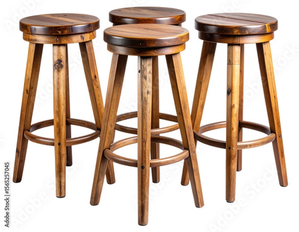 Obraz Set of Three Rustic Wooden Bar Stools with Round Seats, Isolated on Transparent Background PNG