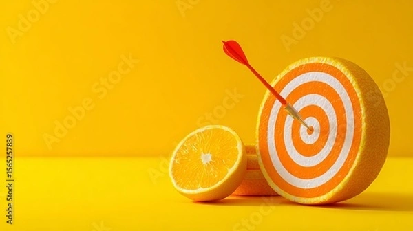Fototapeta Stack Coins Concept Goal Business Finance or Saving Money, Copy space Orange fruit with circular target marked and dart on yellow background. minimal idea food and fruit concept