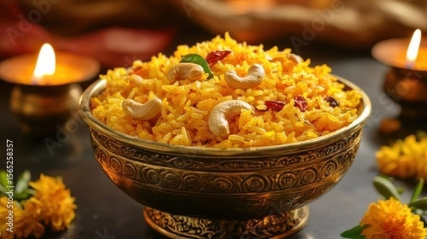 Fototapeta Fragrant white rice served in a richly decorated bowl garnished with cashews and fresh herbs on a wooden table, traditional Indian rice for the festival of Pongal