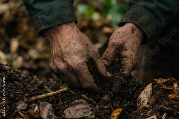 Fototapeta Close-up of dirty hands working rich soil, cultivating earth and nature.