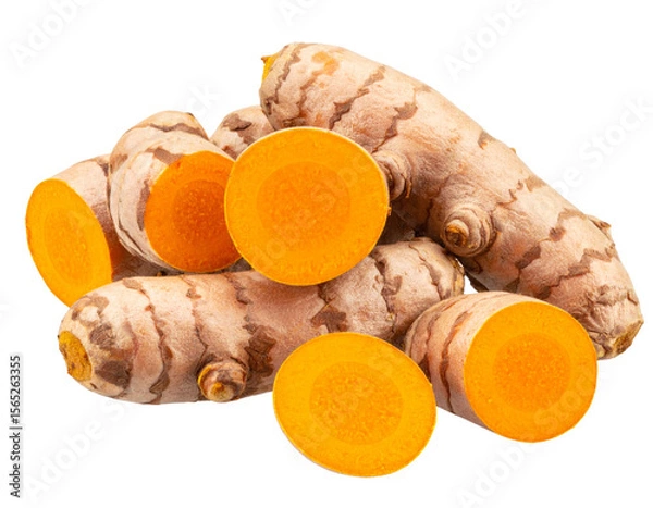 Obraz  Whole Fresh Turmeric Roots with Cut Cross-Section, Isolated on Transparent Background PNG