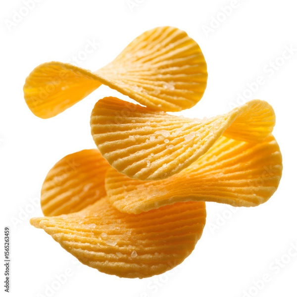 Fototapeta Crispy ridged potato chips stacked and falling isolated on transparent background