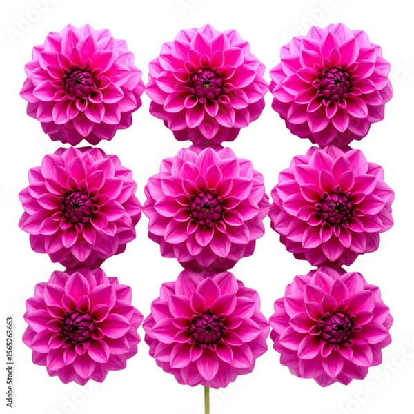 Fototapeta Grid-Aligned Dahlia Flower Pattern in Magenta Tones, Top View Botanical Arrangement, isolated on white background PNG