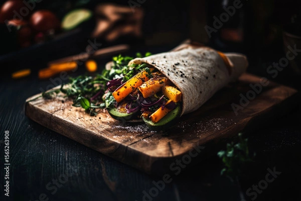 Fototapeta A breakfast wrap filled with perfectly grilled vegetables sits on a dark surface, surrounded by fresh herbs and a bowl of sauce, highlighting a vibrant morning meal