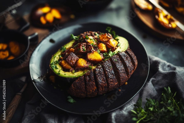 Fototapeta A mouthwatering breakfast plate features grilled chicken and avocado slices, beautifully arranged on a dark plate. Fresh herbs add color and flavor