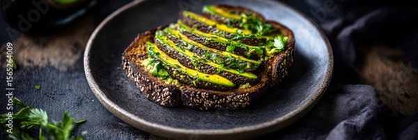 Fototapeta Avocado toast topped with fresh herbs sits on a rustic plate, enjoying the tranquility of a morning breakfast, with warm lighting enhancing the inviting atmosphere