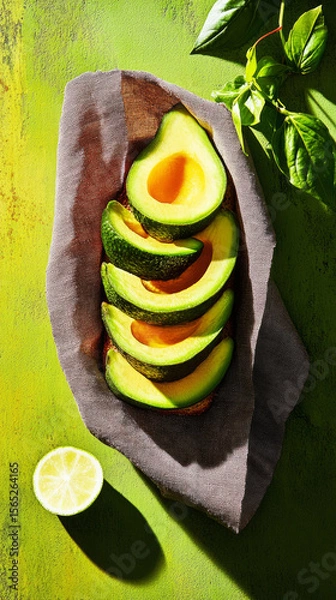 Fototapeta Brightly colored avocado slices arranged on toasted bread, garnished with fresh basil leaves, creating an appealing and nutritious breakfast option
