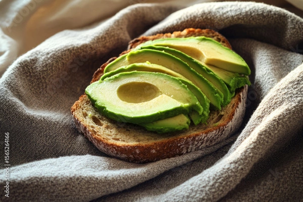 Fototapeta Freshly prepared avocado toast topped with sliced avocado and herbs rests on rustic whole grain bread, served in a warm and inviting cafe during breakfast time