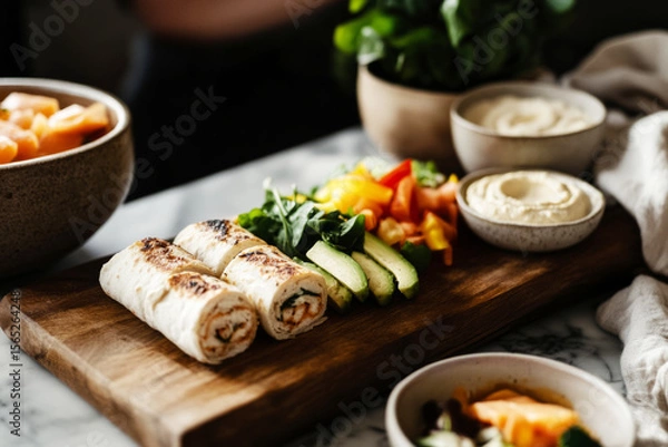 Fototapeta Breakfast boards are filled with vibrant fruits, fresh vegetables, and flavorful rolls, creating a visually appealing and nutritious morning meal in a welcoming kitchen setting