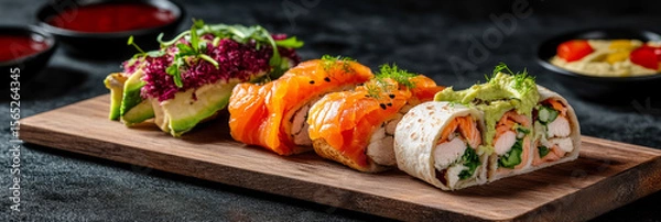 Fototapeta Colorful sushi rolls are presented on a wooden board, combining fresh salmon, vegetables, and creative garnishes. This unique breakfast board showcases culinary artistry at its best, banner
