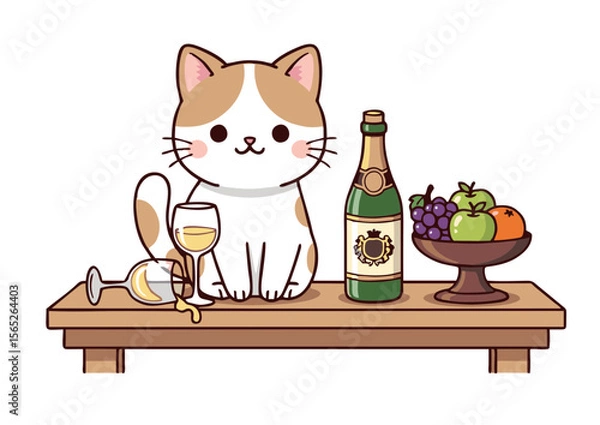 Obraz Adorable Cartoon Cat with Champagne Wine and Fruit on Table.