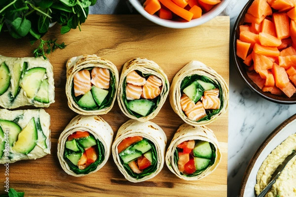 Fototapeta Fresh sushi rolls filled with salmon and greens are arranged gracefully on a wooden board alongside smoked salmon, avocado, and colorful veggies. Perfect for a nutritious breakfast