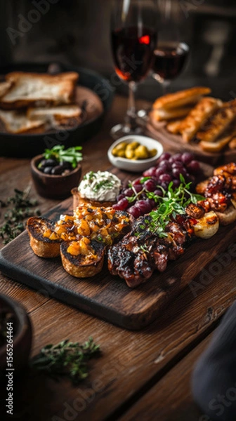 Fototapeta Colorful breakfast boards display an array of toppings on crusty bread. Fresh fruits, spreads, and garnishes create an inviting culinary experience perfect for brunch gatherings