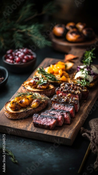 Fototapeta Colorful breakfast boards display an array of toppings on crusty bread. Fresh fruits, spreads, and garnishes create an inviting culinary experience perfect for brunch gatherings