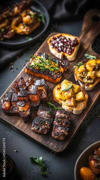 Fototapeta Delicious breakfast boards with a variety of savory and sweet bites displayed on a wooden platter during a morning gathering