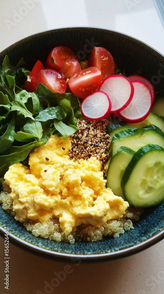 Fototapeta Freshly prepared breakfast bowl featuring fluffy scrambled eggs, sliced cucumbers, ripe tomatoes, creamy avocado, radishes, and greens under natural light