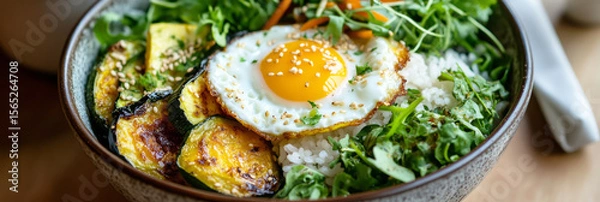 Fototapeta A colorful rice bowl features perfectly grilled eggplant slices, a sunny side up egg, and fresh greens, showcasing a delightful meal prepared at home, banner