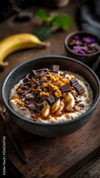 Fototapeta A delightful breakfast featuring creamy yogurt topped with chocolate pieces, banana slices, and caramel drizzle, set against a rustic table background in a warm atmosphere