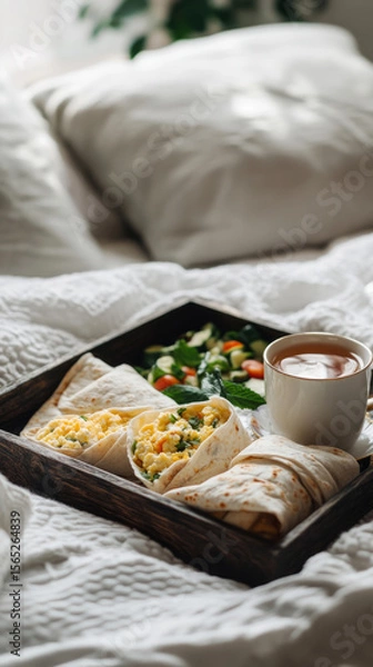Fototapeta Breakfast features warm scrambled eggs wrapped in soft tortillas, placed on a wooden tray alongside a steaming cup of coffee in a cozy, inviting bedroom