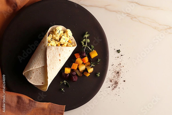 Fototapeta A vibrant breakfast wrap filled with a sunny-side up egg and a mix of fresh fruits including mango, berries, and more, presented in a cozy kitchen environment
