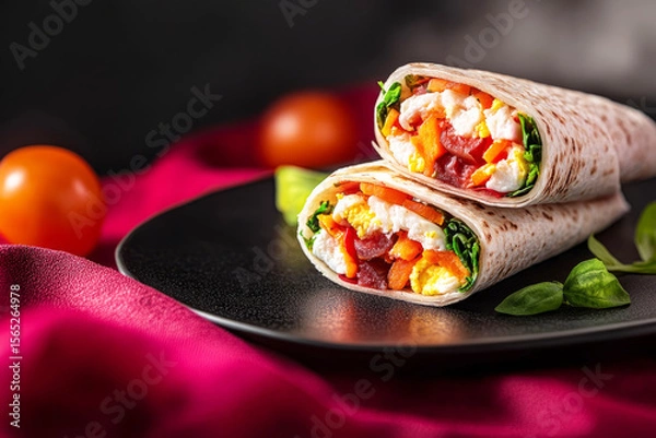 Fototapeta Two hearty breakfast wraps, stuffed with colorful vegetables and cheese, are presented on a black plate alongside cherry tomatoes, creating a vibrant morning meal