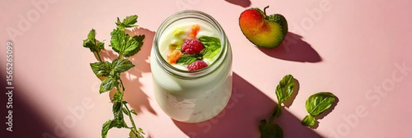 Fototapeta A refreshing breakfast treat features creamy yogurt topped with colorful fruit and a sprig of mint, set against a bright pink backdrop with gentle shadows, banner