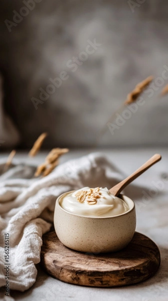 Fototapeta Creamy yogurt topped with crunchy granola sits in a rustic jar on a wooden board, inviting breakfast lovers to enjoy a wholesome morning meal in a cozy kitchen atmosphere